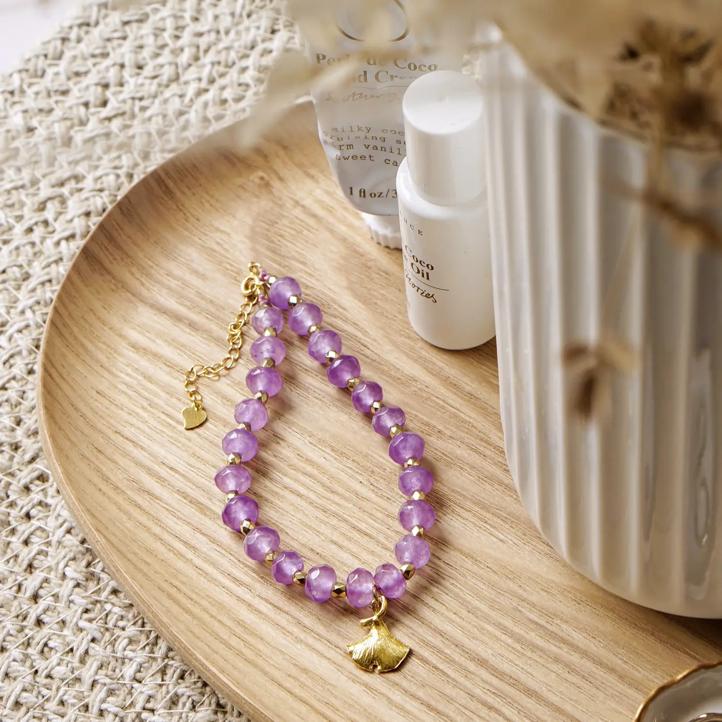Amethyst and Ginko Leaf Gemstone Bracelet - Image 3