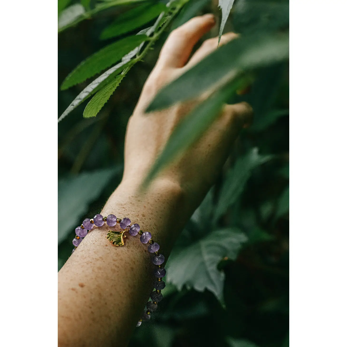 Amethyst and Ginko Leaf Gemstone Bracelet - Image 4