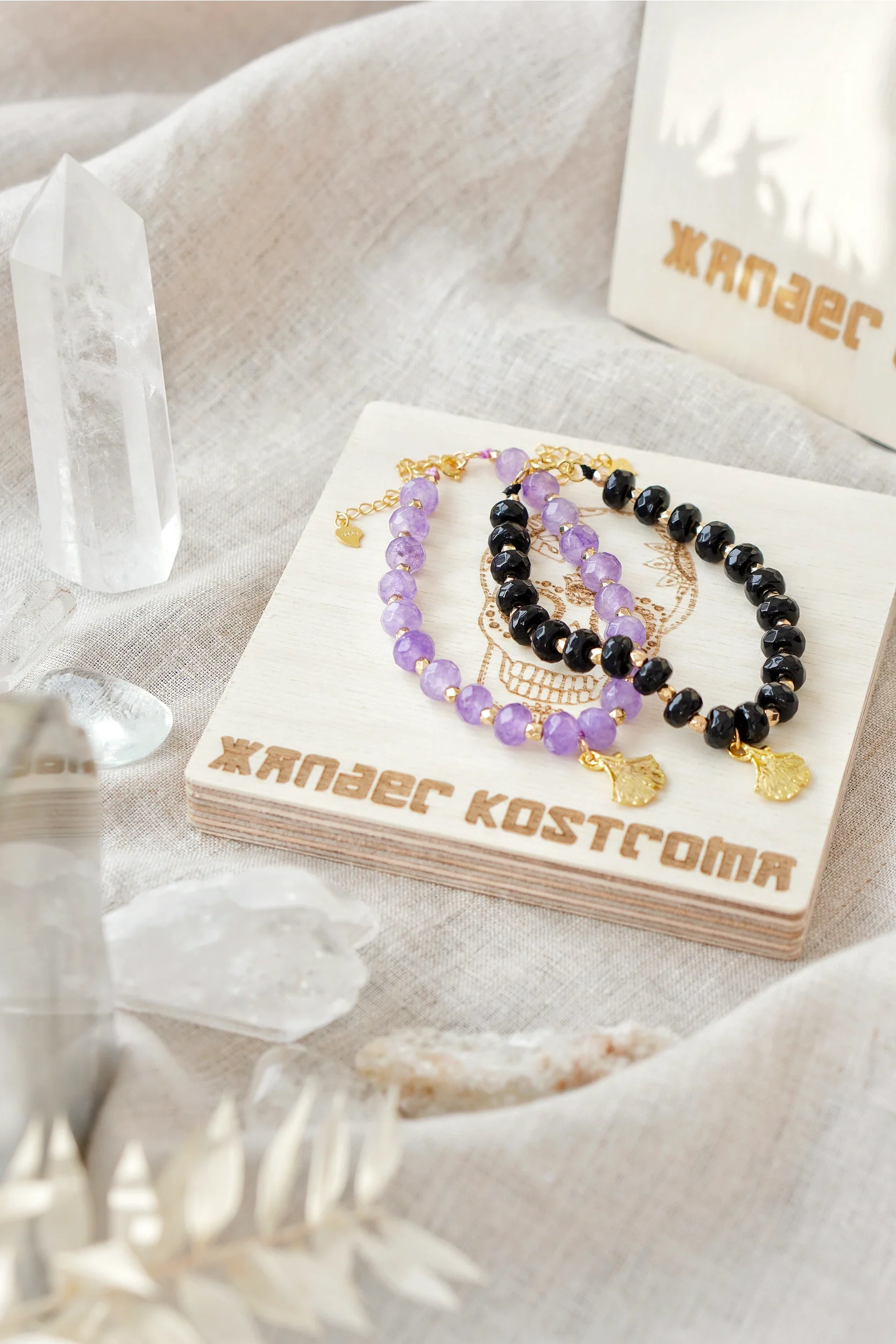 Amethyst and Ginko Leaf Gemstone Bracelet - Image 5