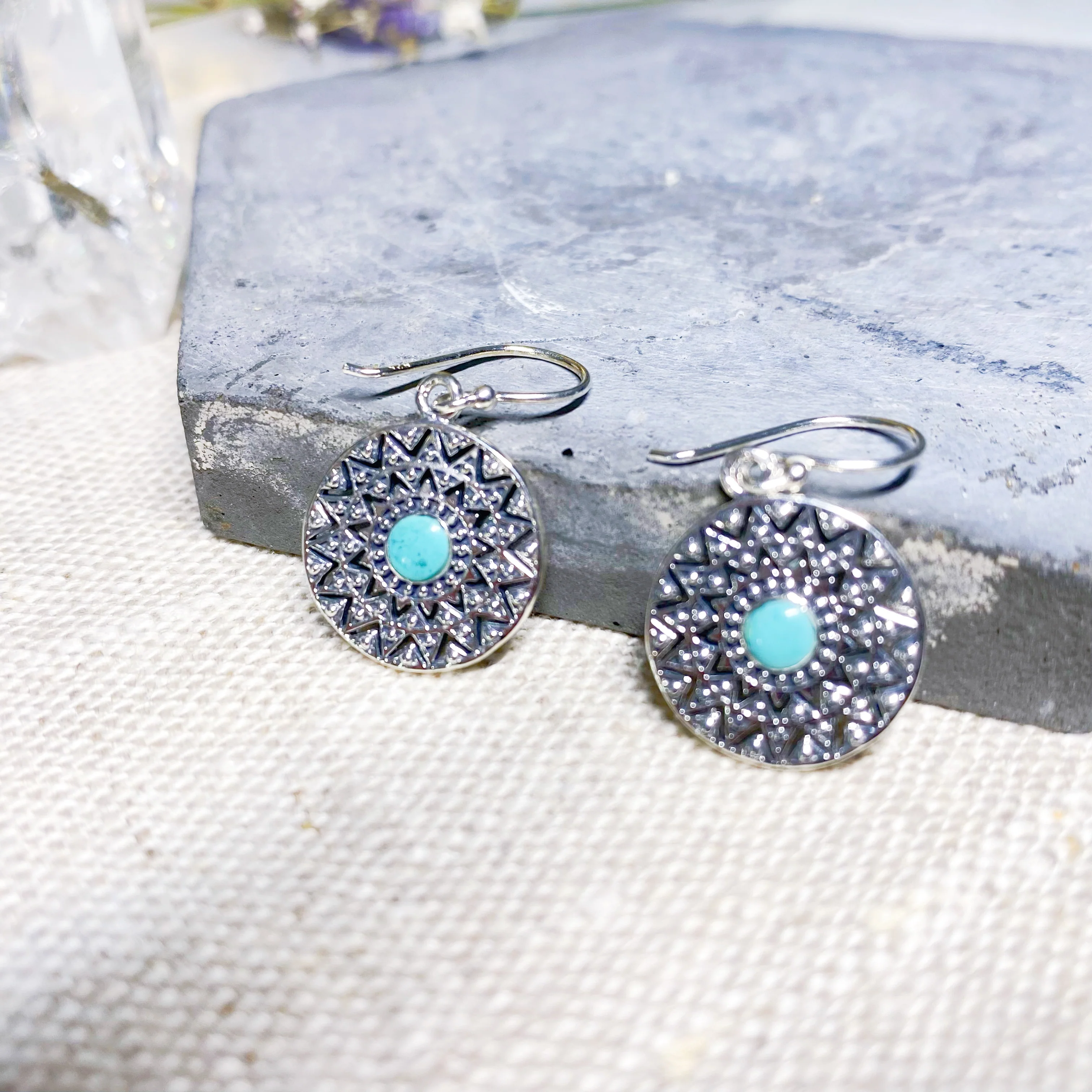 Boho Turquoise Disc Silver Earrings -NEW - Image 3