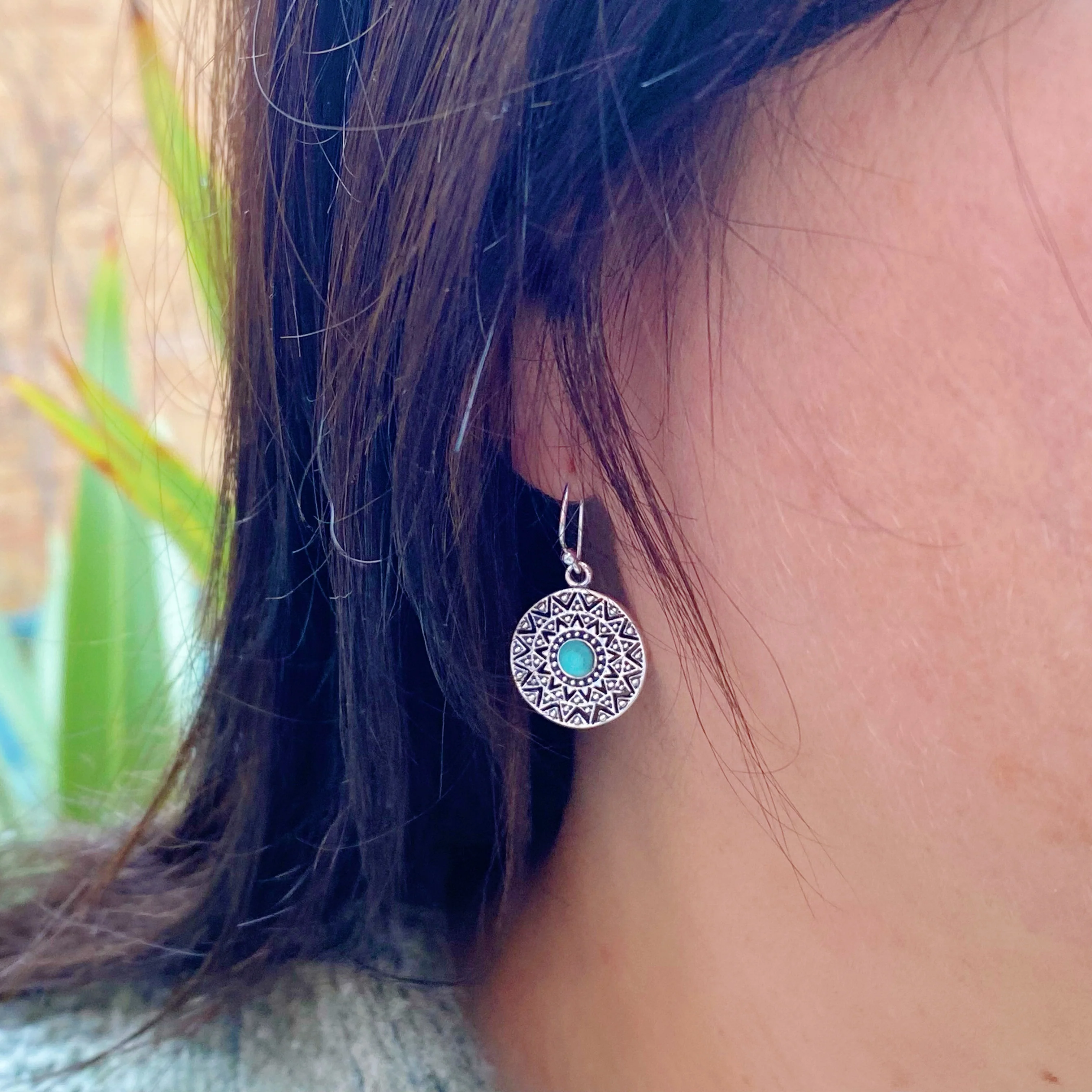 Boho Turquoise Disc Silver Earrings -NEW - Image 4