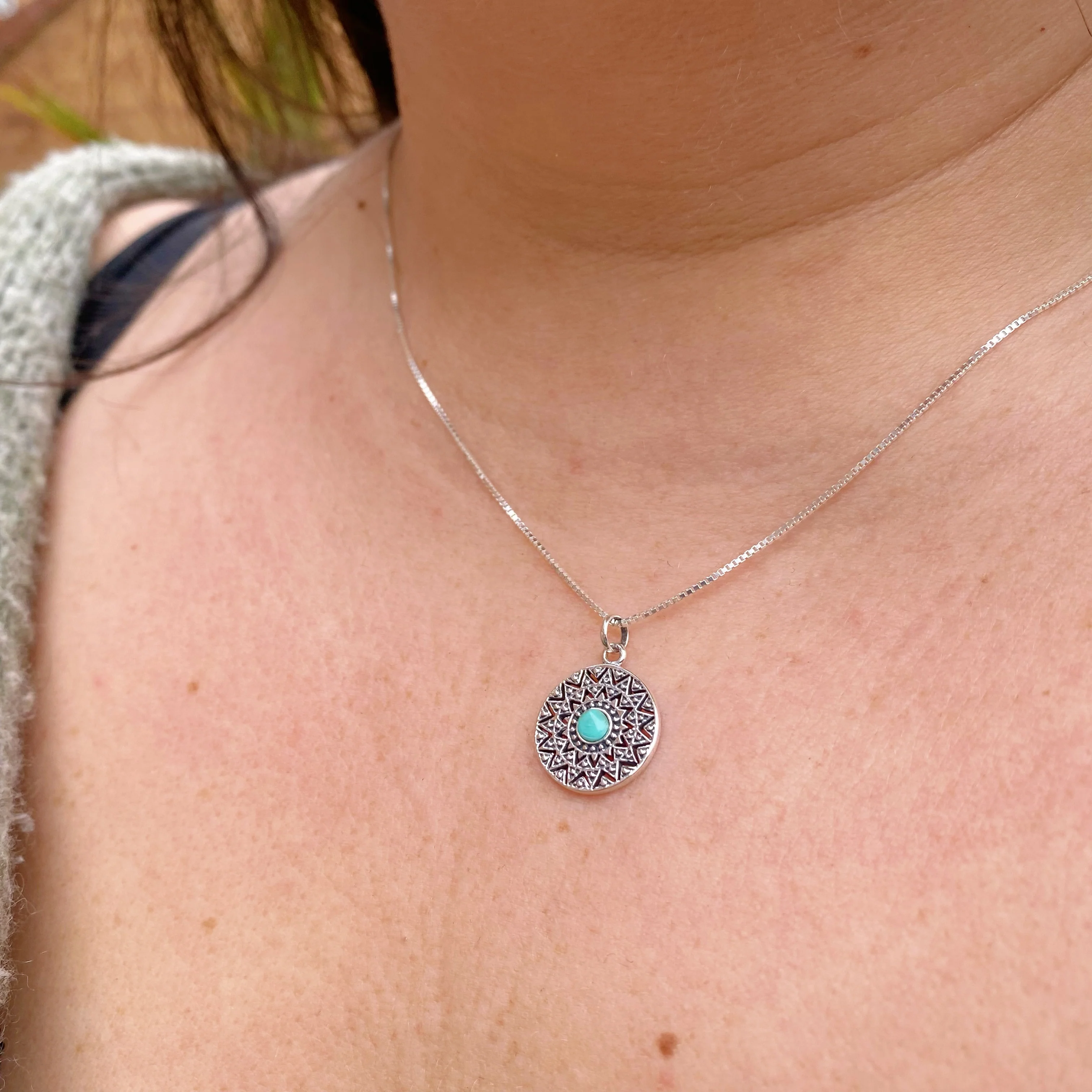 Boho Turquoise Disc Silver Necklace - Image 4