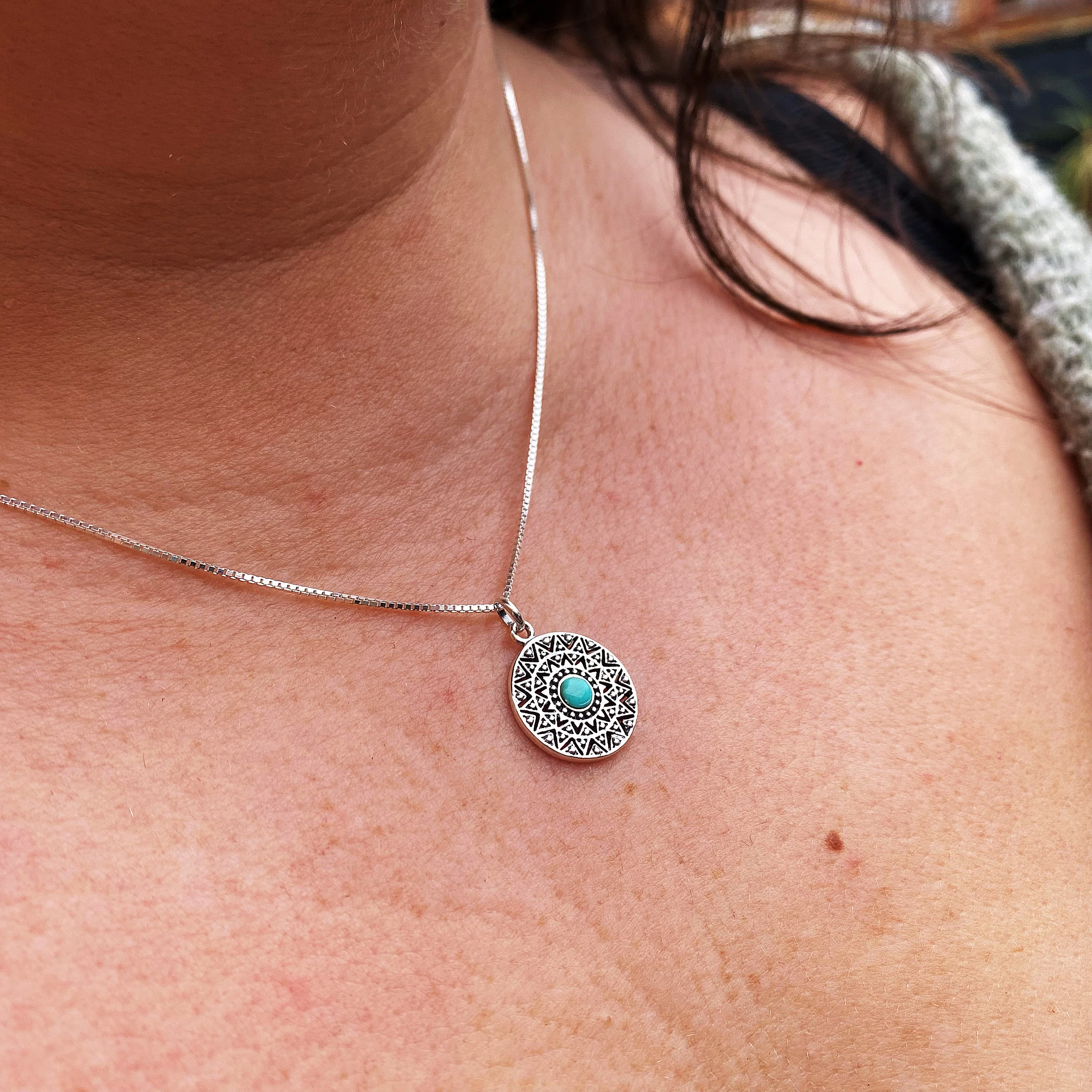 Boho Turquoise Disc Silver Necklace - Image 5