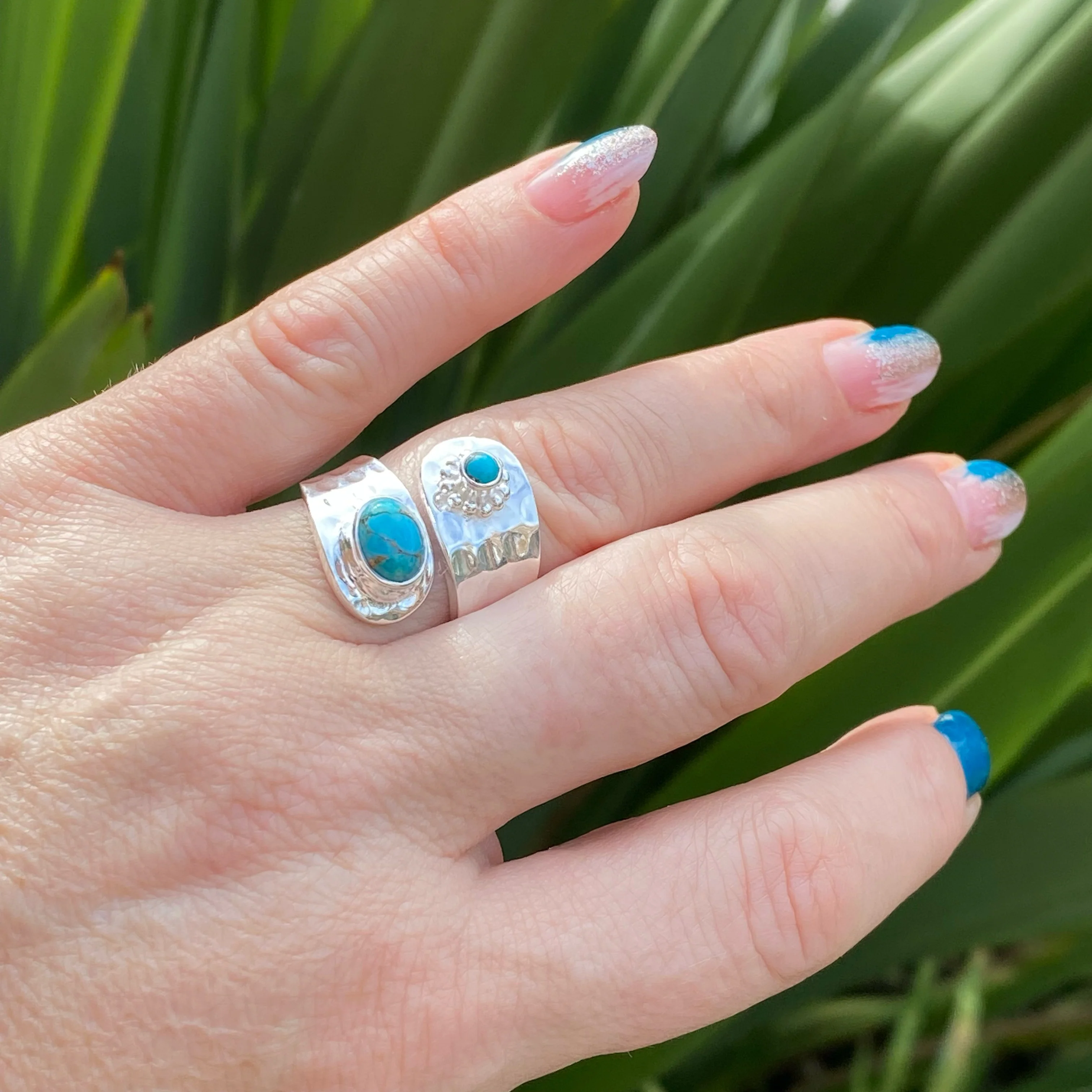 Cayo-Turquoise Silver Hammered Wrap Around Ring  -Pre order for Mid February Dispatch - Image 3