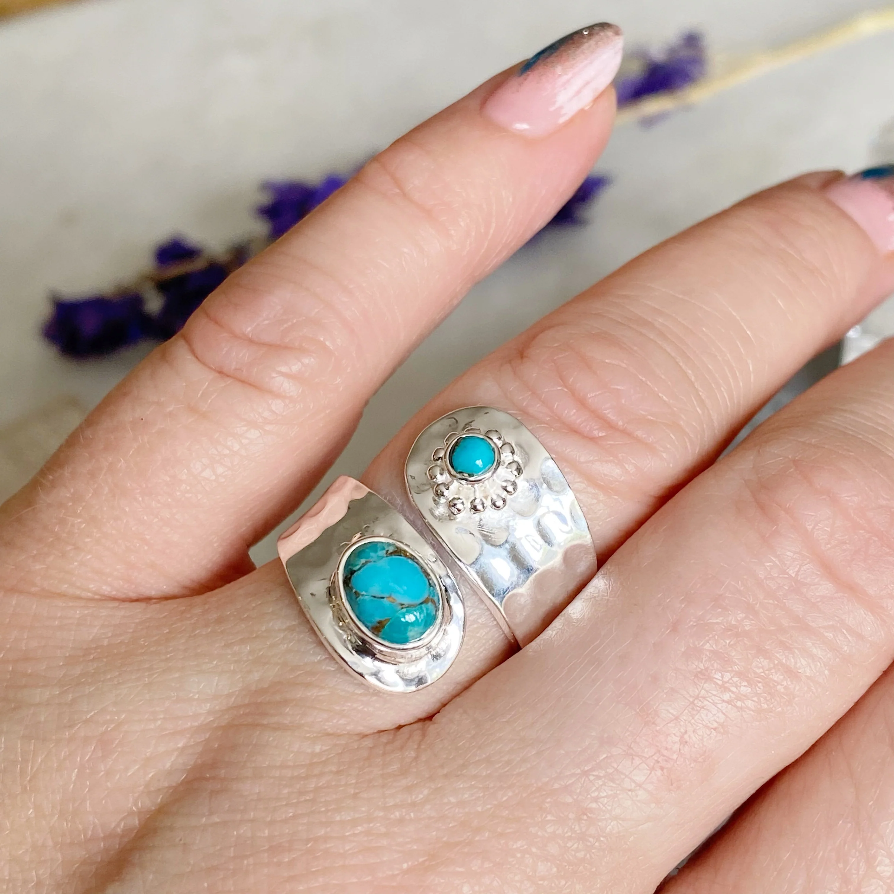 Cayo-Turquoise Silver Hammered Wrap Around Ring  -Pre order for Mid February Dispatch - Image 4