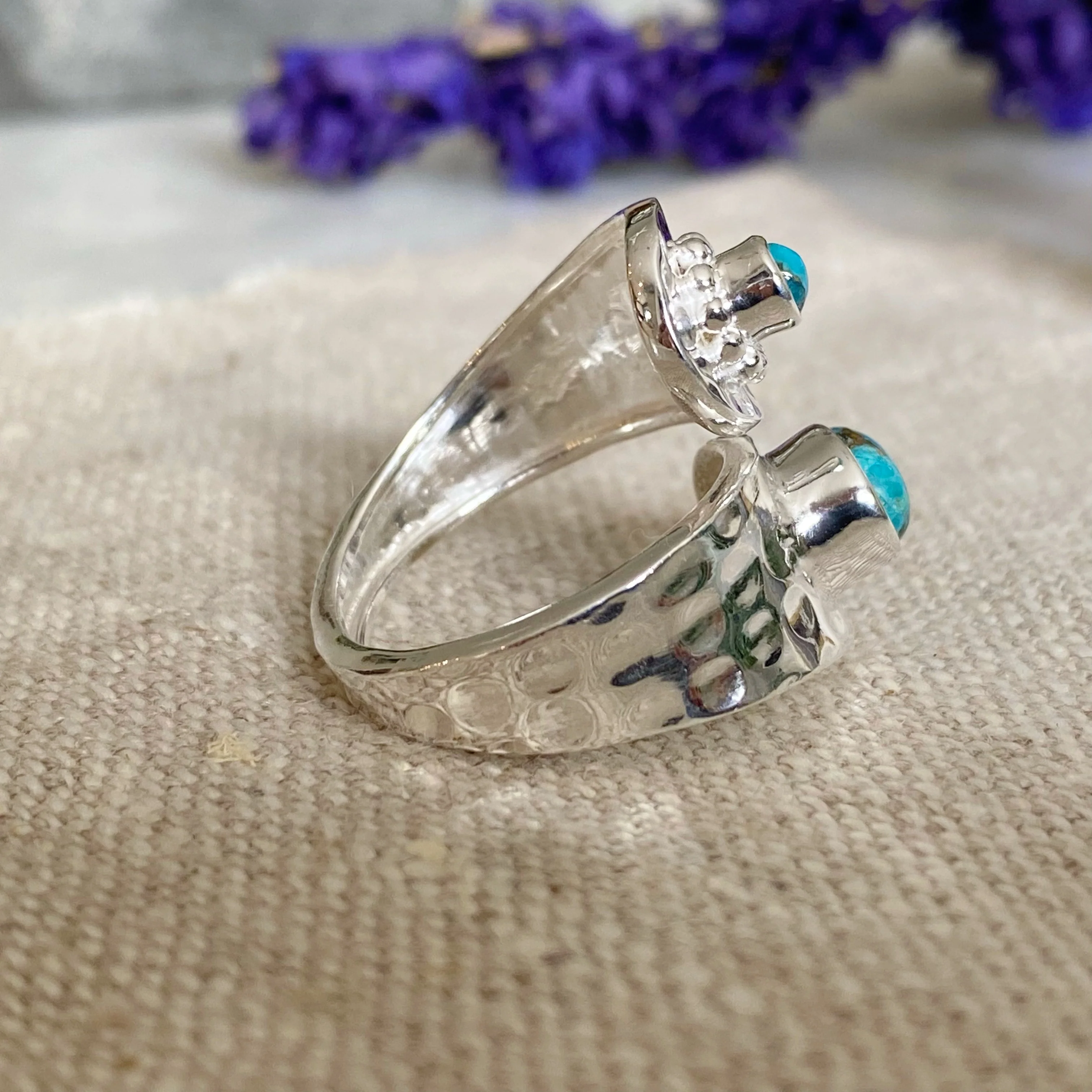 Cayo-Turquoise Silver Hammered Wrap Around Ring  -Pre order for Mid February Dispatch - Image 5