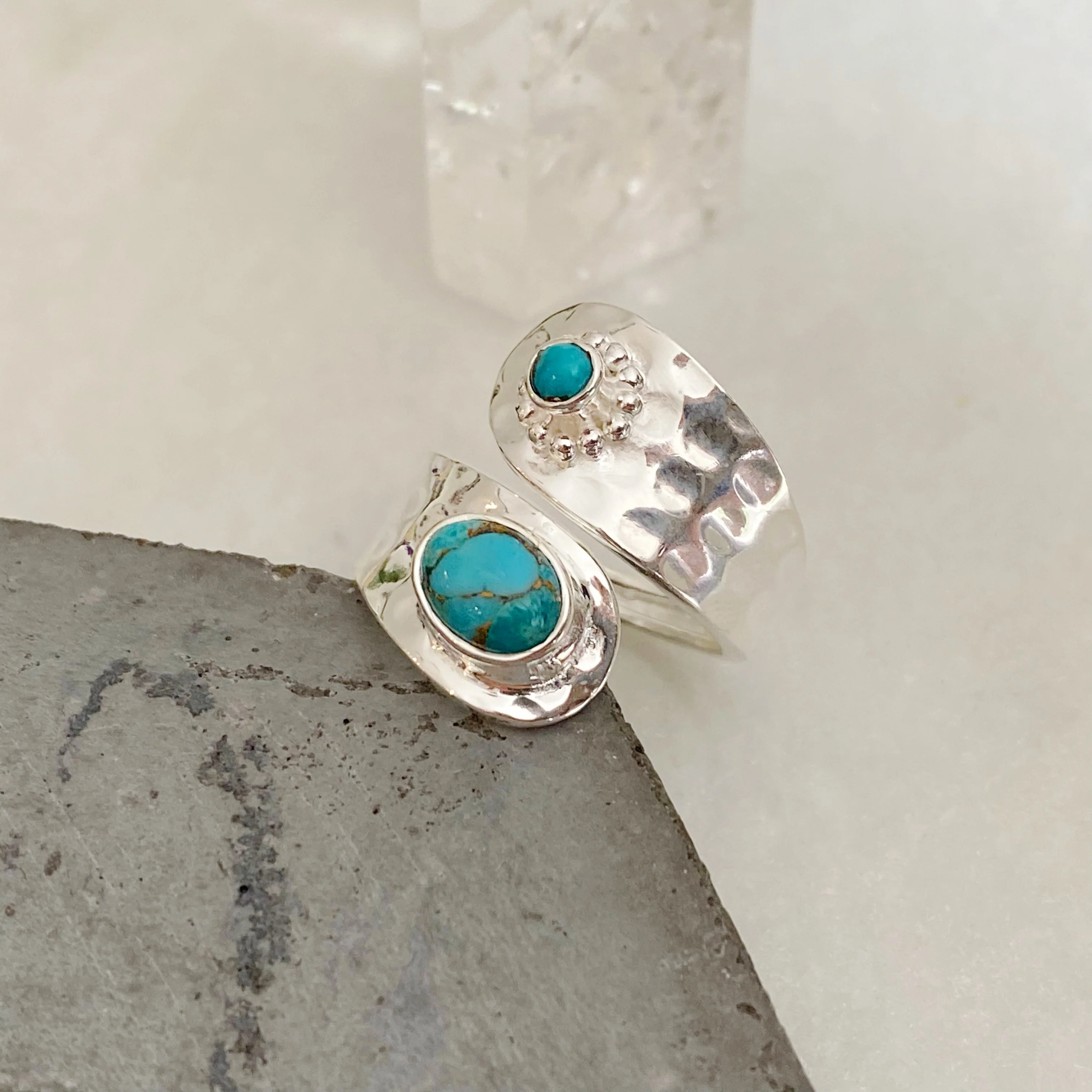 Cayo-Turquoise Silver Hammered Wrap Around Ring  -Pre order for Mid February Dispatch - Image 6