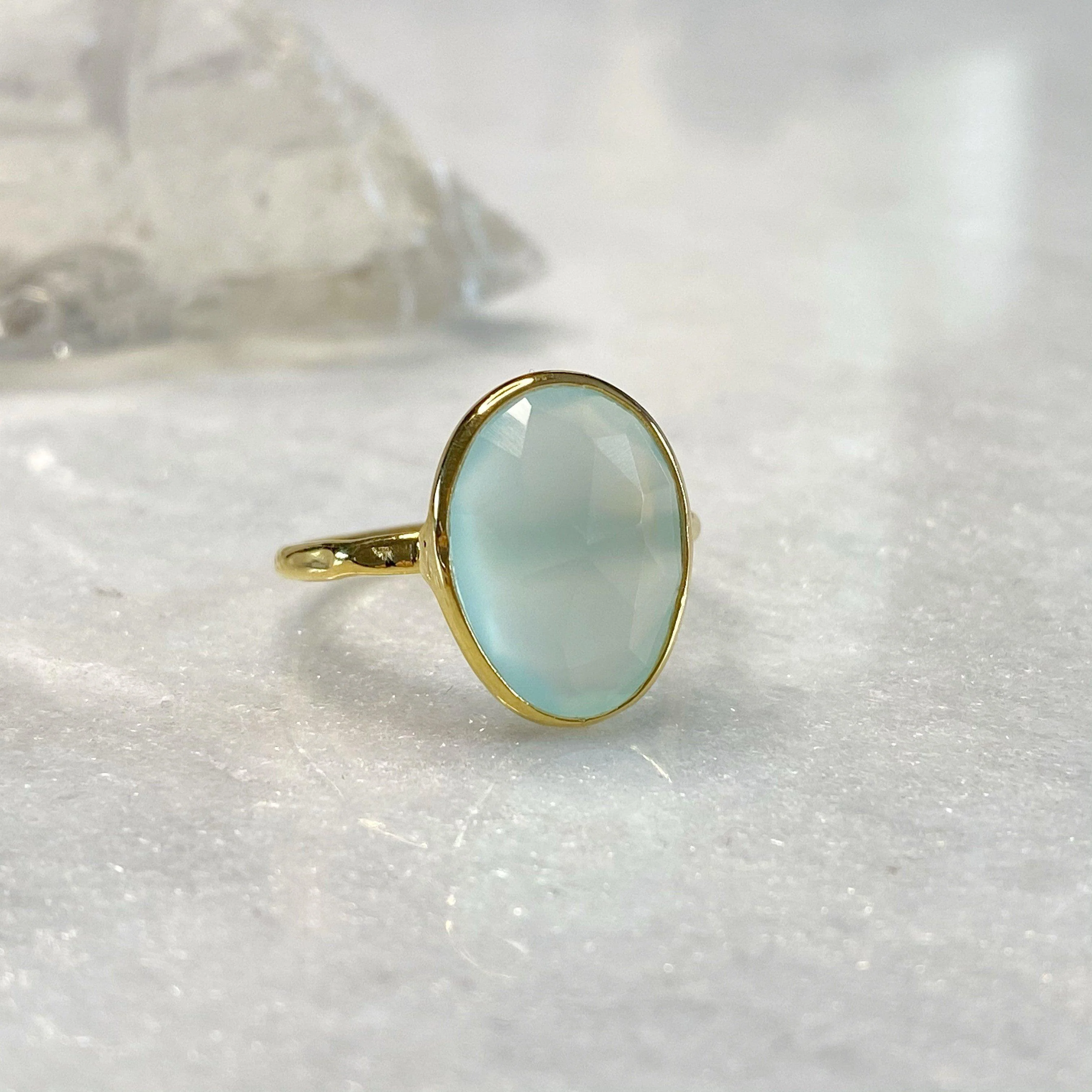 Dainty 18k Gold Vermeil Aqua Chalcedony Ring - Image 10