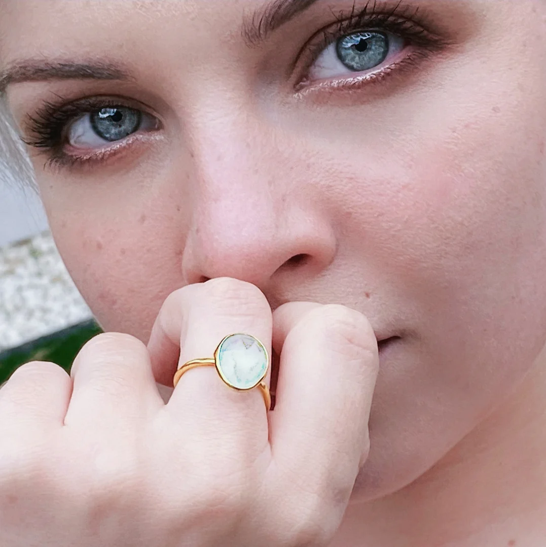 Dainty 18k Gold Vermeil Aqua Chalcedony Ring - Image 3