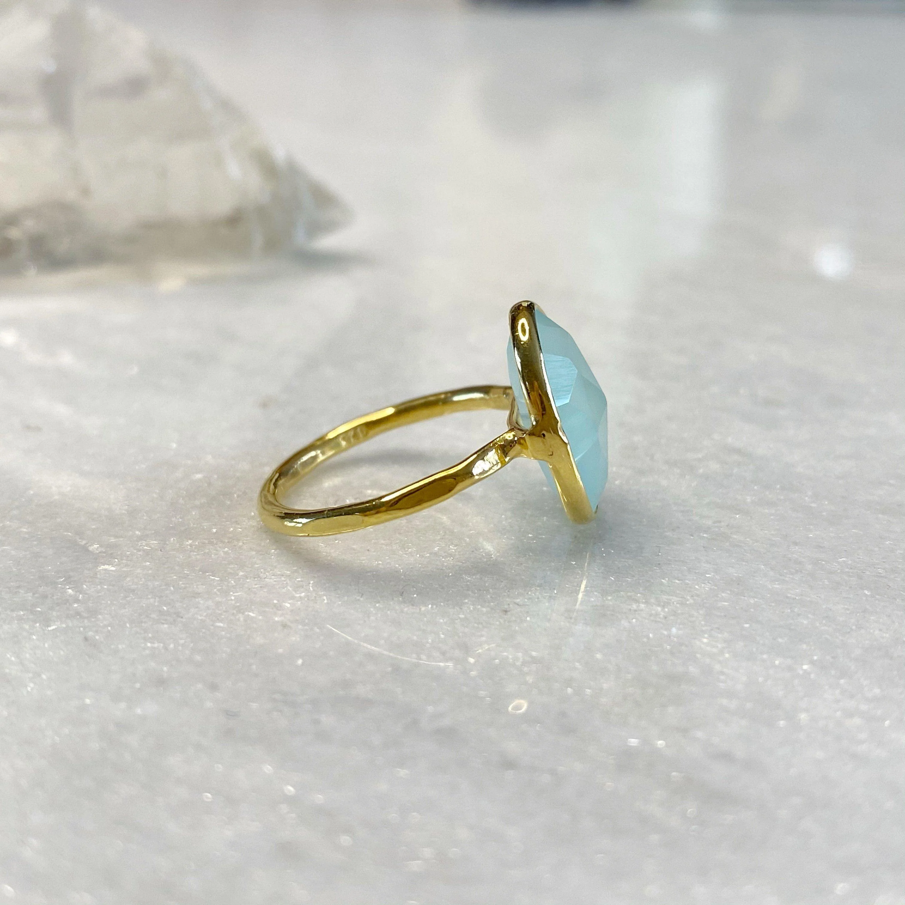 Dainty 18k Gold Vermeil Aqua Chalcedony Ring - Image 5