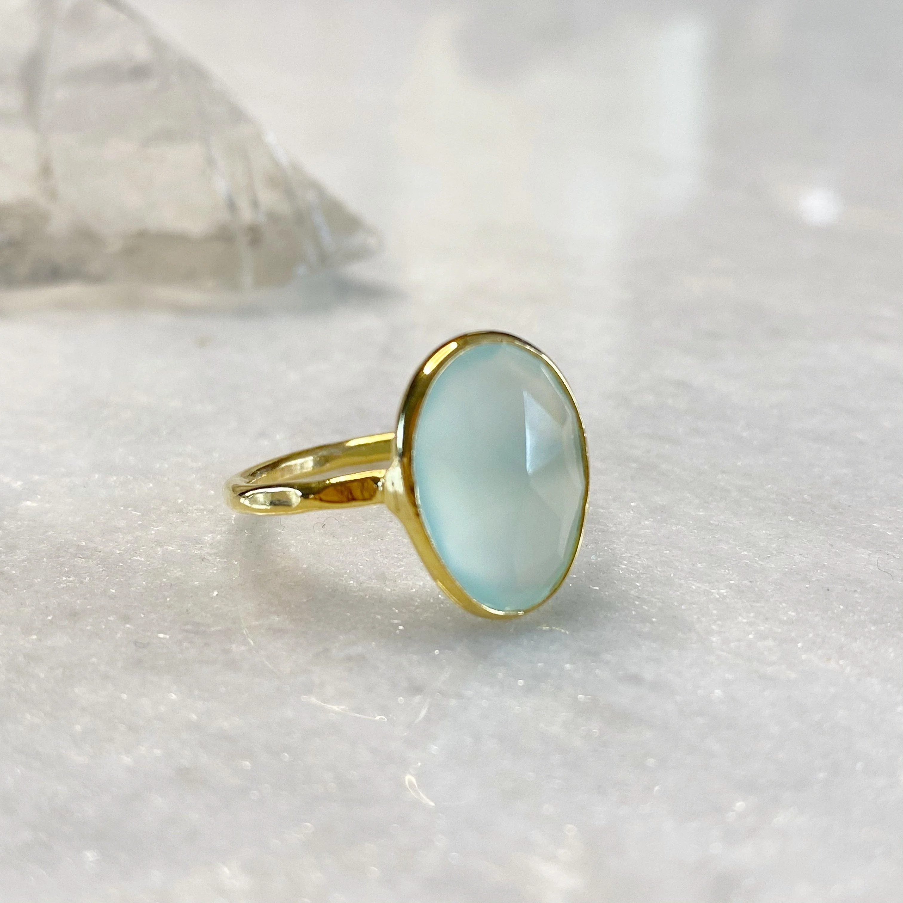 Dainty 18k Gold Vermeil Aqua Chalcedony Ring - Image 9