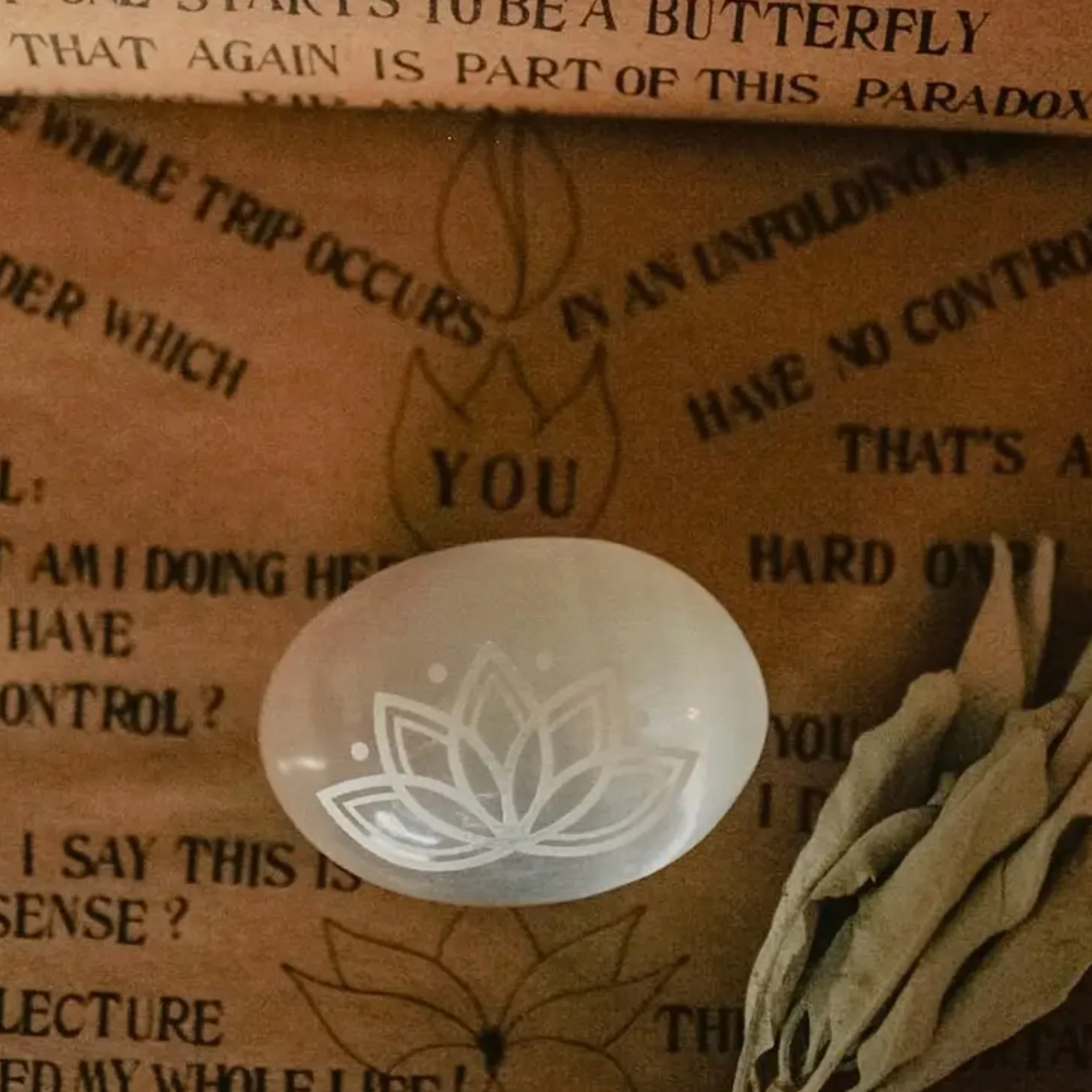 Etched Selenite Meditation Palm stone "Lotus Bloom" - Image 3
