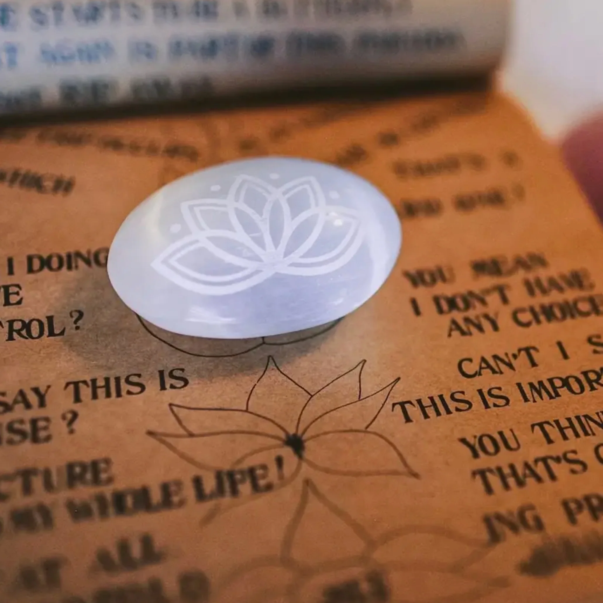 Etched Selenite Meditation Palm stone "Lotus Bloom" - Image 4