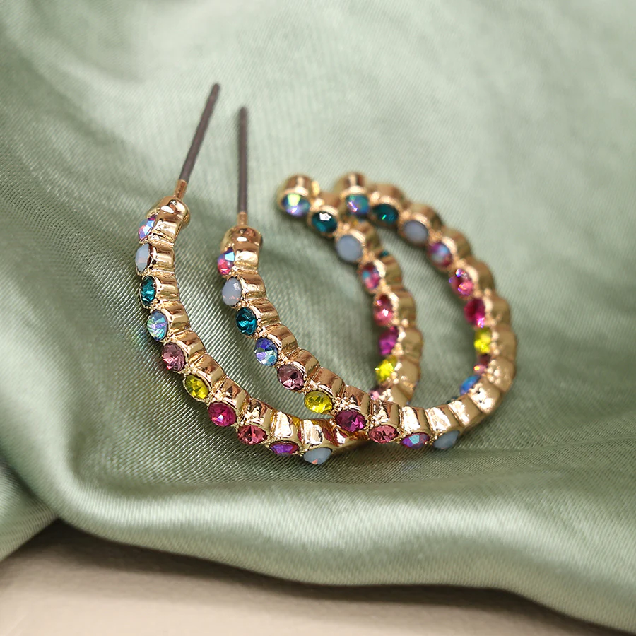 Golden Multicoloured Crystal Inset  Hoop Earrings - Image 3