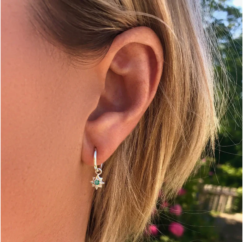 Gold Guiding North Star Mini Hoop Earrings - Emerald -NEW - Image 3