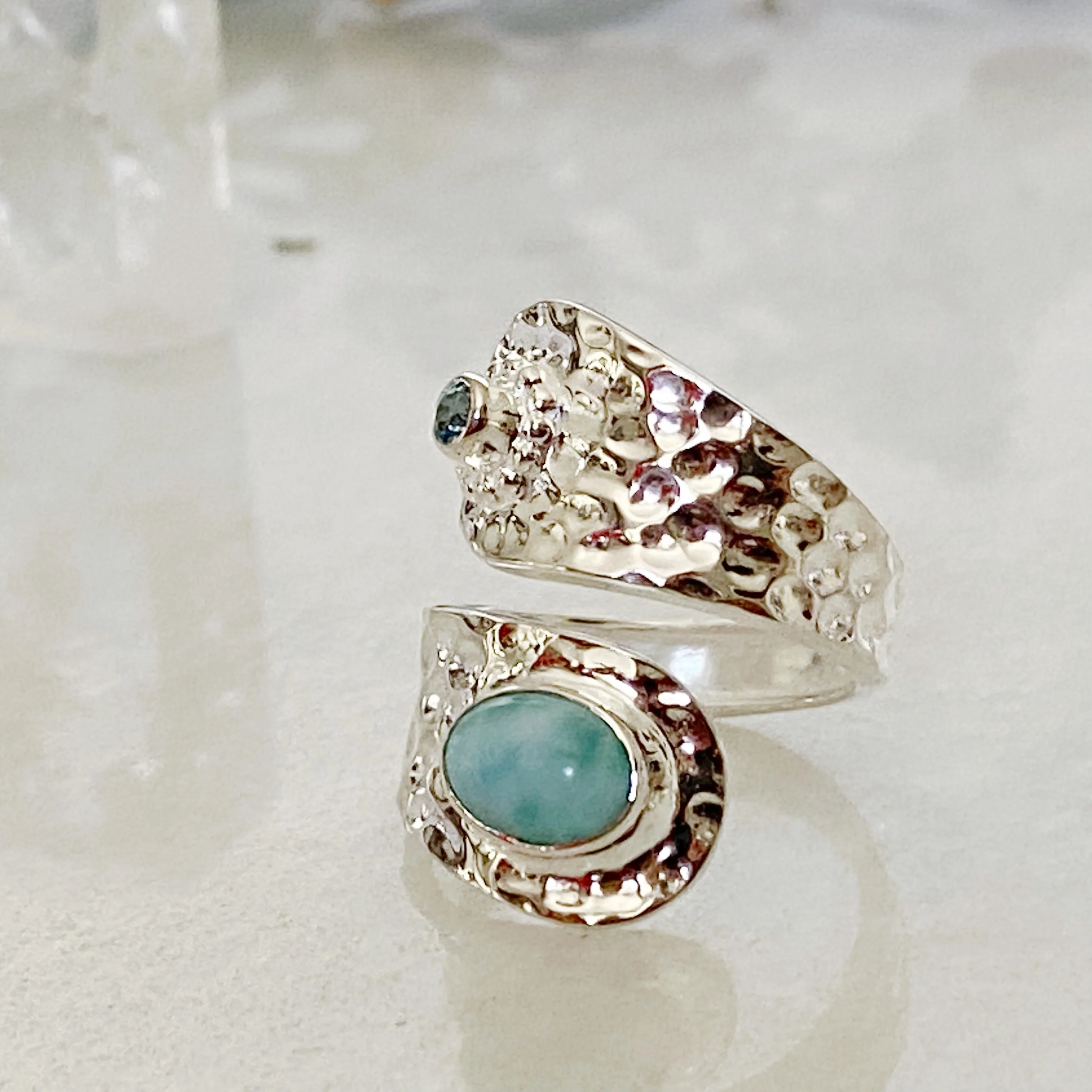 Cayo-Larimar and Topaz Silver Hammered Wrap Around Ring -Pre order for Mid February dispatch - Image 3