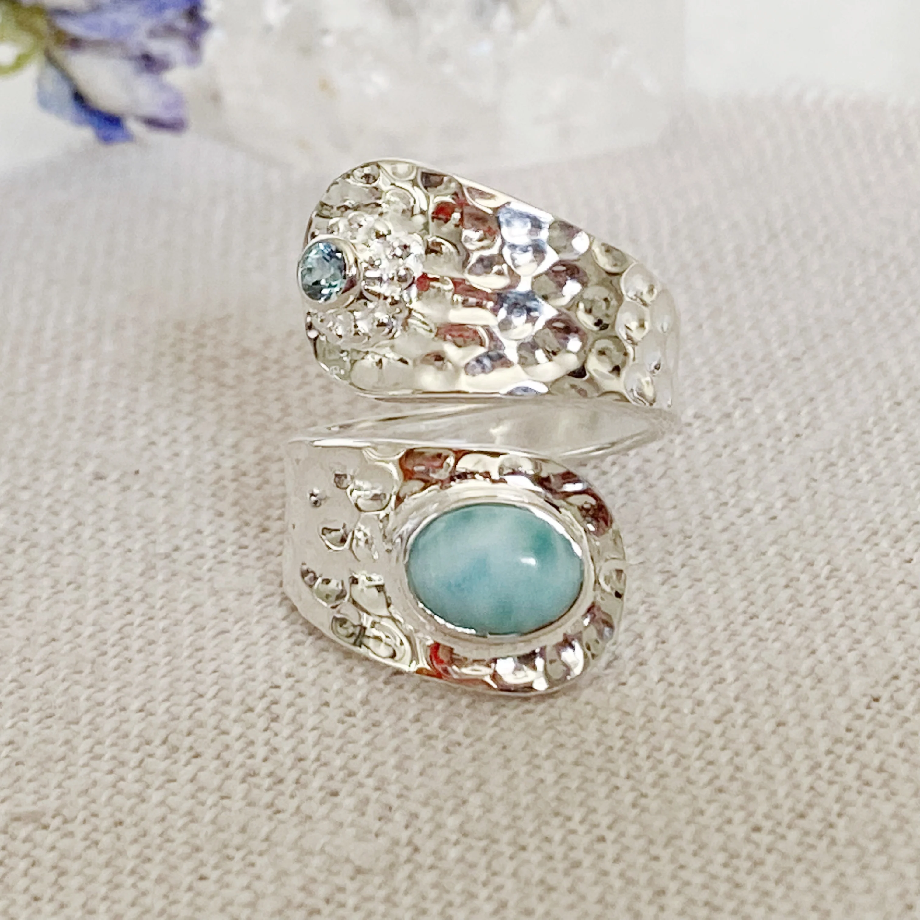 Cayo-Larimar and Topaz Silver Hammered Wrap Around Ring -Pre order for Mid February dispatch - Image 4