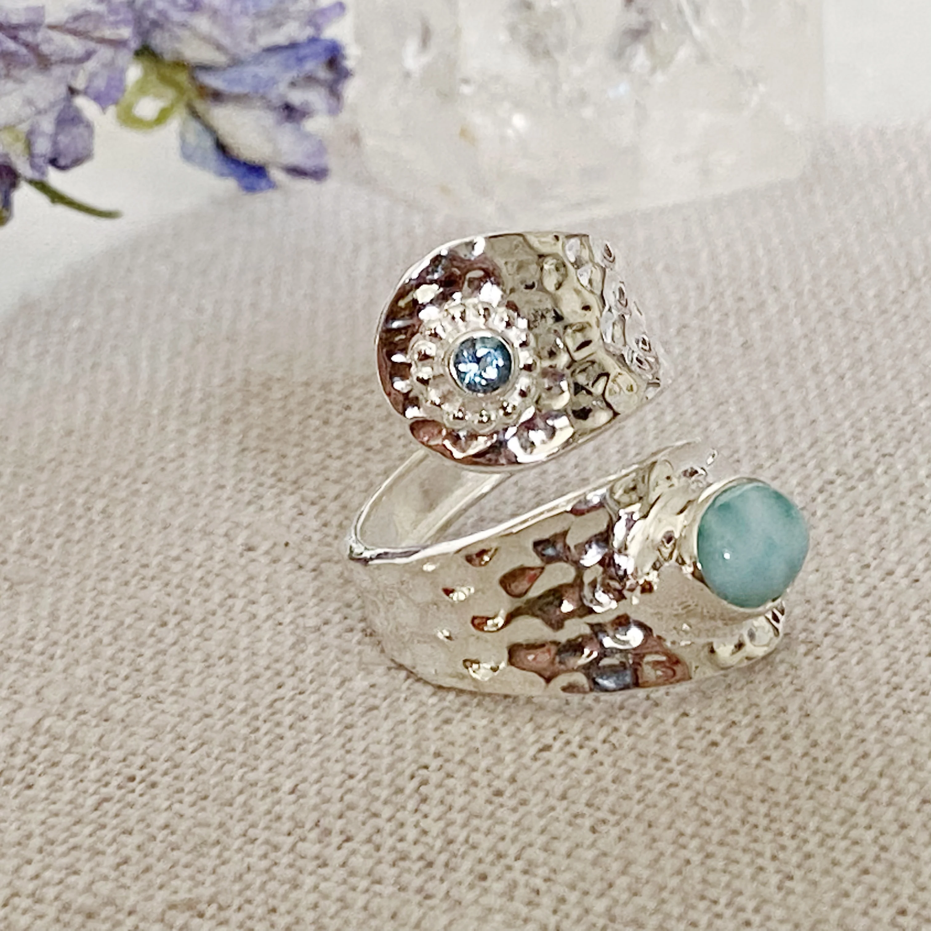 Cayo-Larimar and Topaz Silver Hammered Wrap Around Ring -Pre order for Mid February dispatch - Image 5