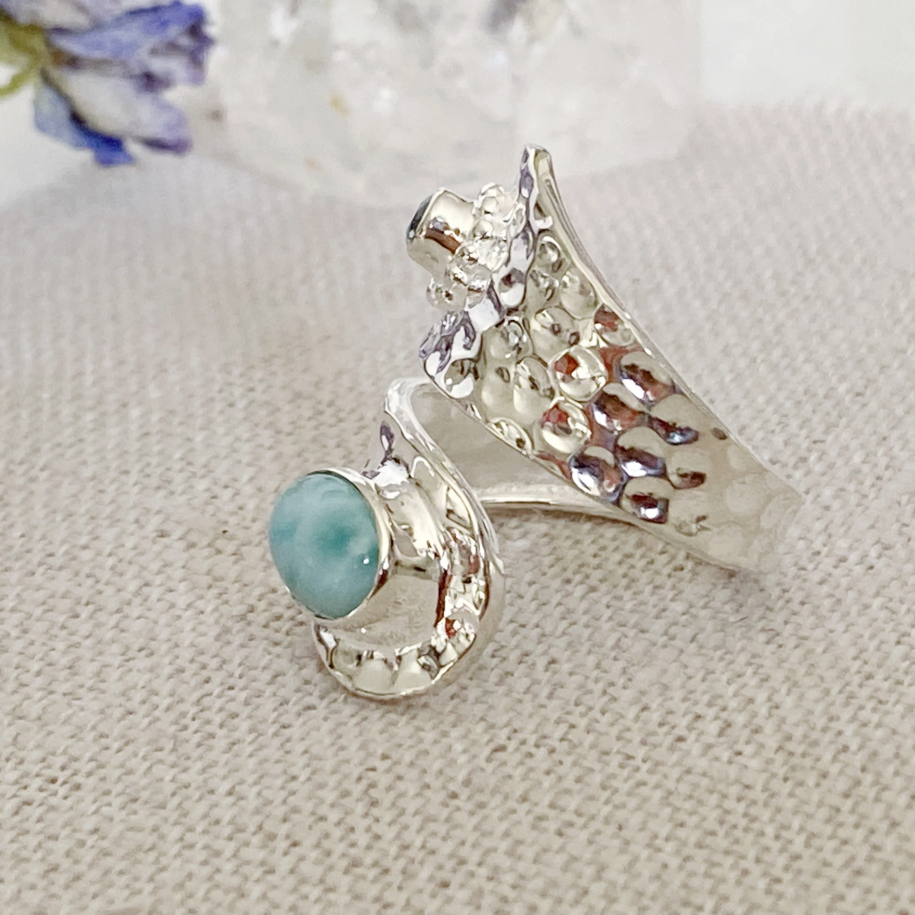 Cayo-Larimar and Topaz Silver Hammered Wrap Around Ring -Pre order for Mid February dispatch - Image 6