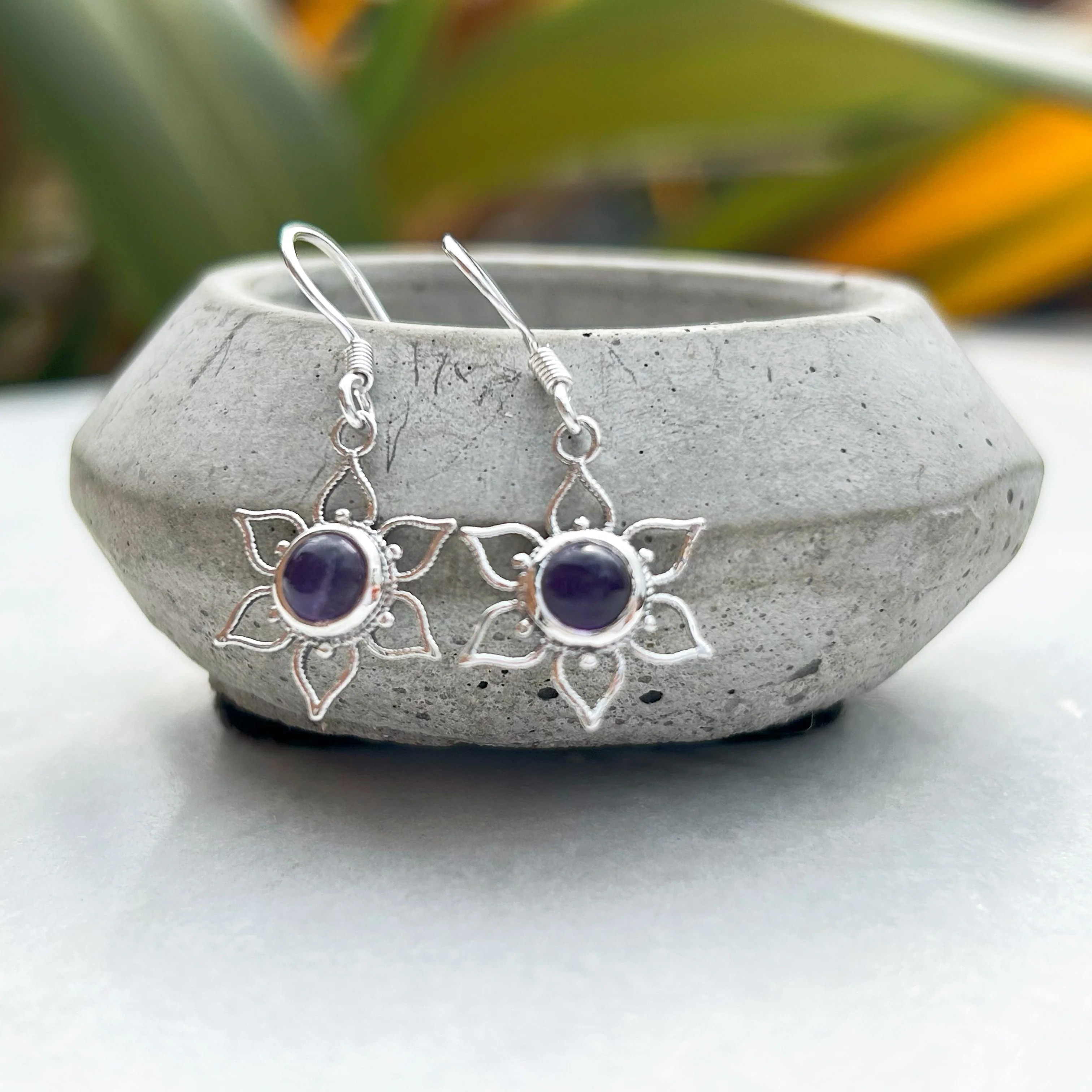 Lotus Flower Mandala Earrings - Silver and Amethyst - Image 3