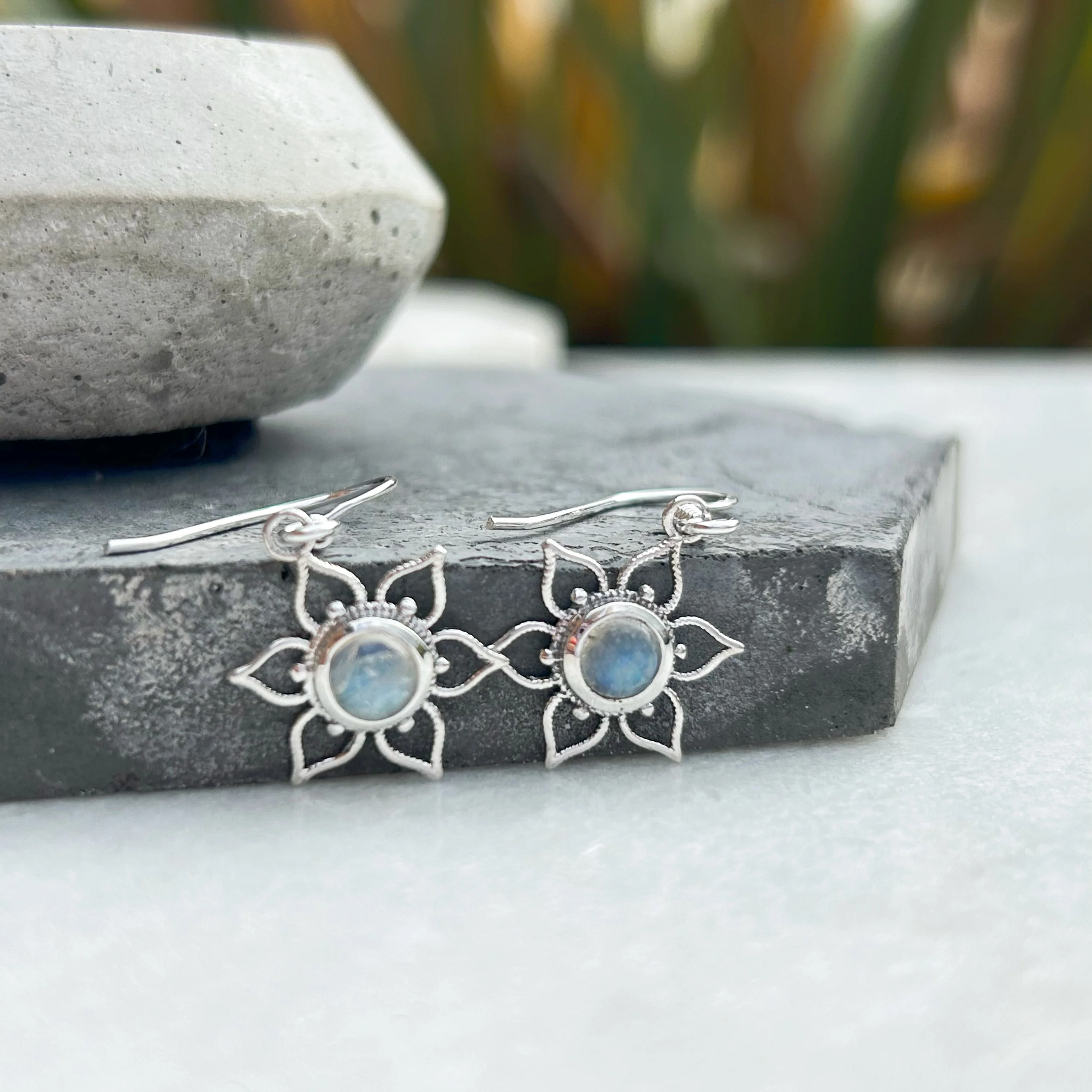 Lotus Flower Mandala Earrings - Silver and Moonstone - Image 3