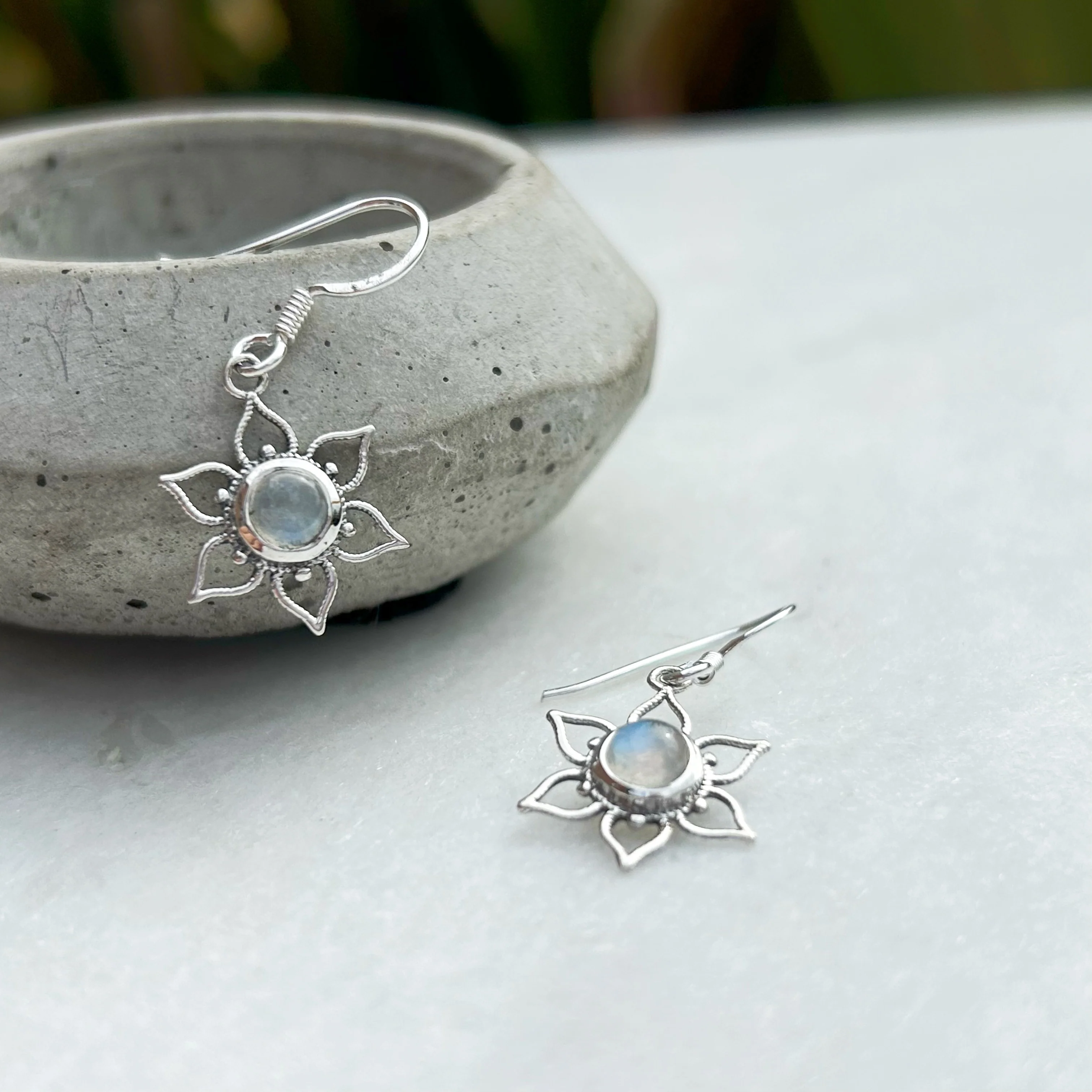 Lotus Flower Mandala Earrings - Silver and Moonstone - Image 4