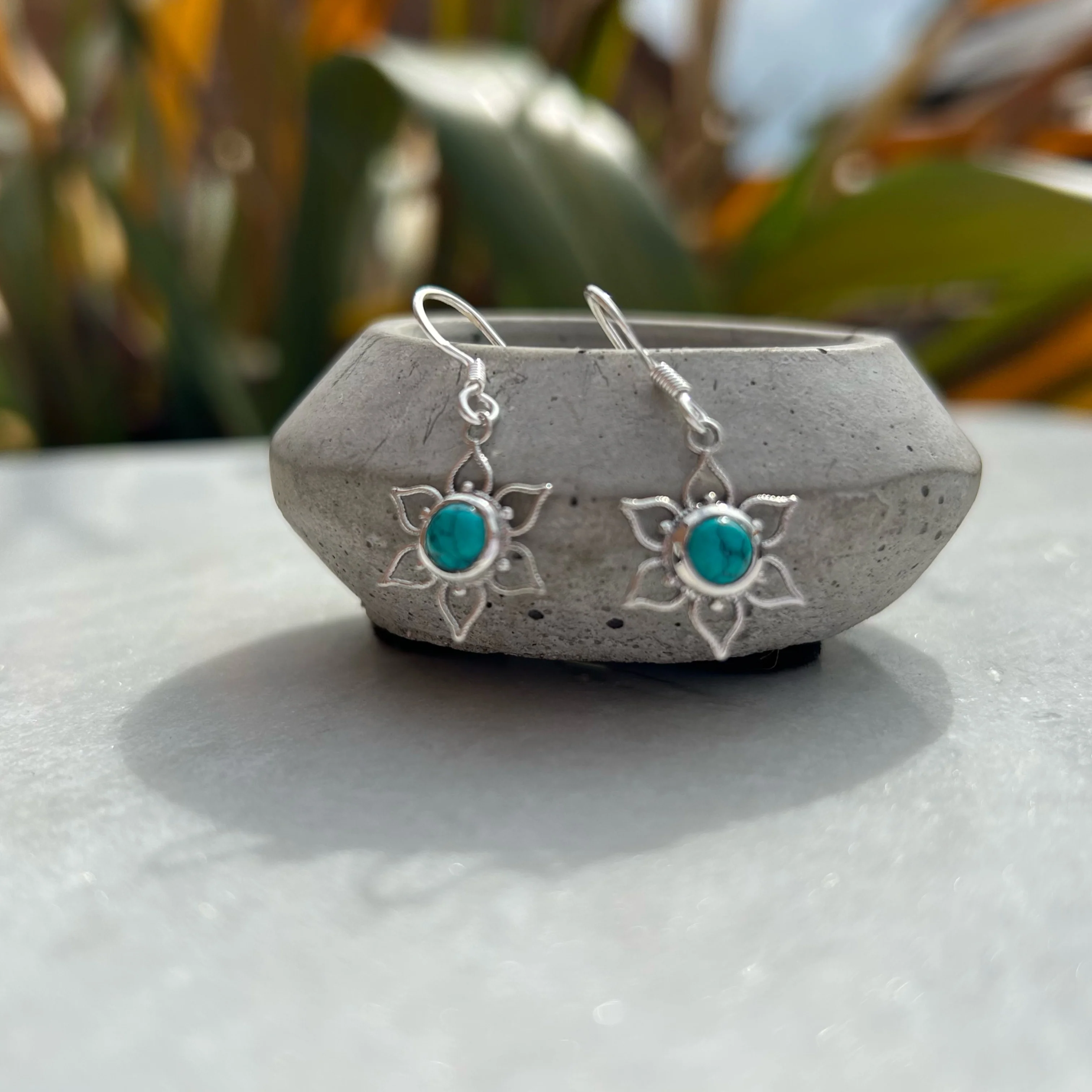 Lotus Flower Mandala Earrings - Silver and Turquoise - Image 3