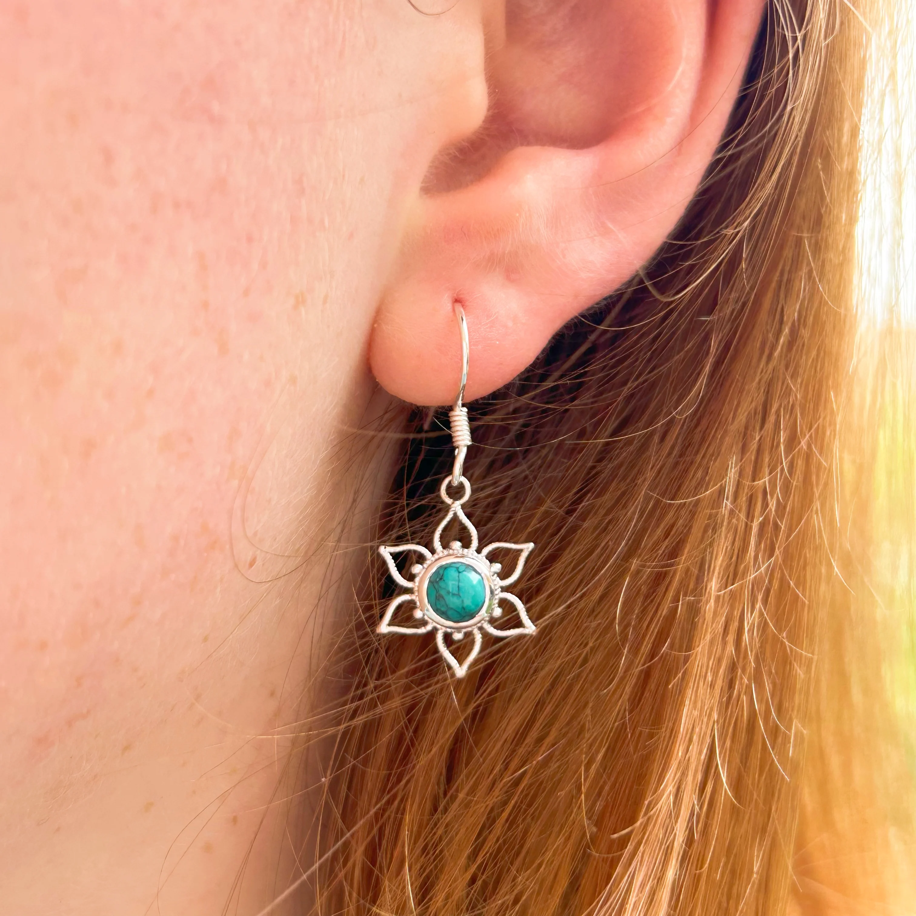 Lotus Flower Mandala Earrings - Silver and Turquoise - Image 4