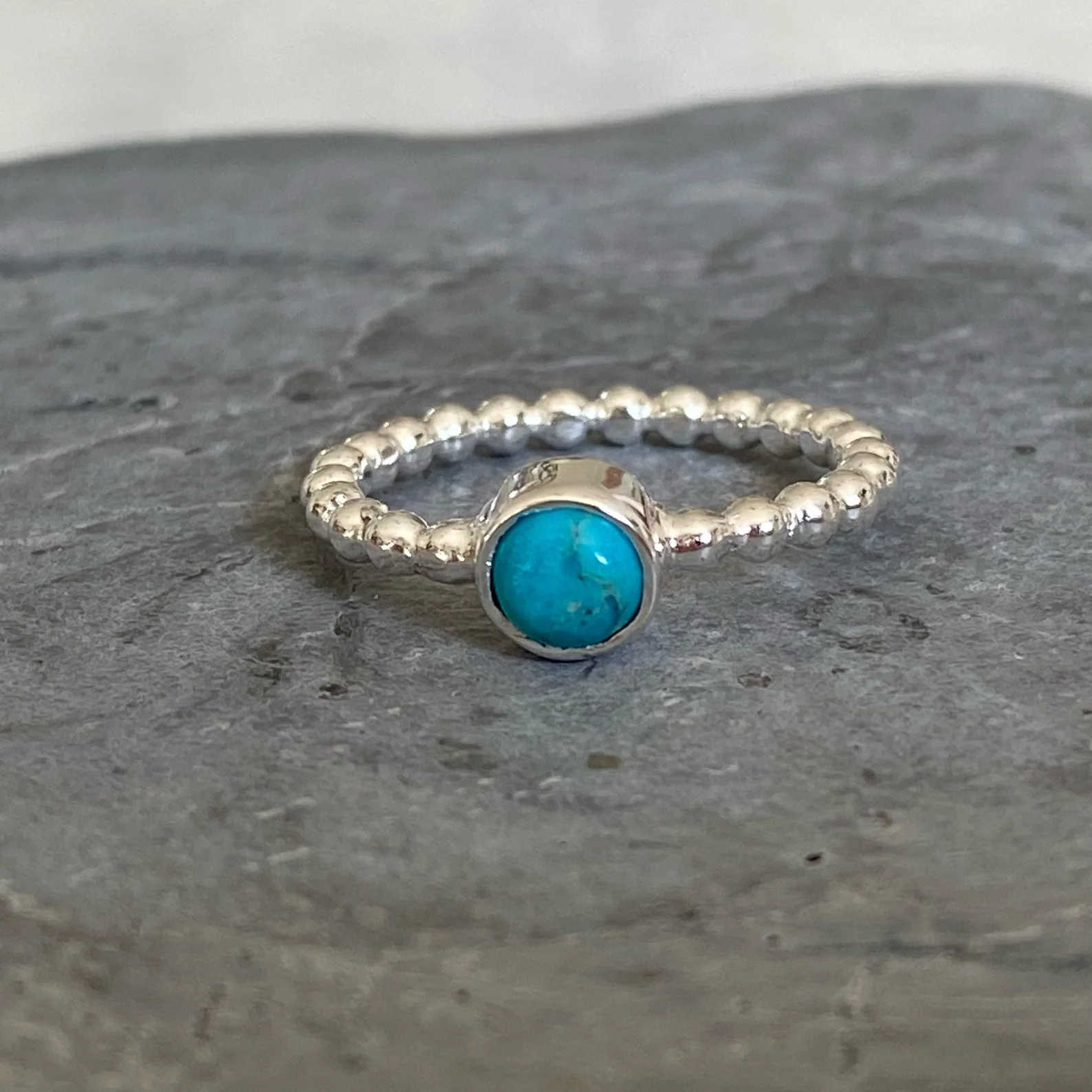 Maya -Turquoise Beaded Stackable Silver Ring - Image 3