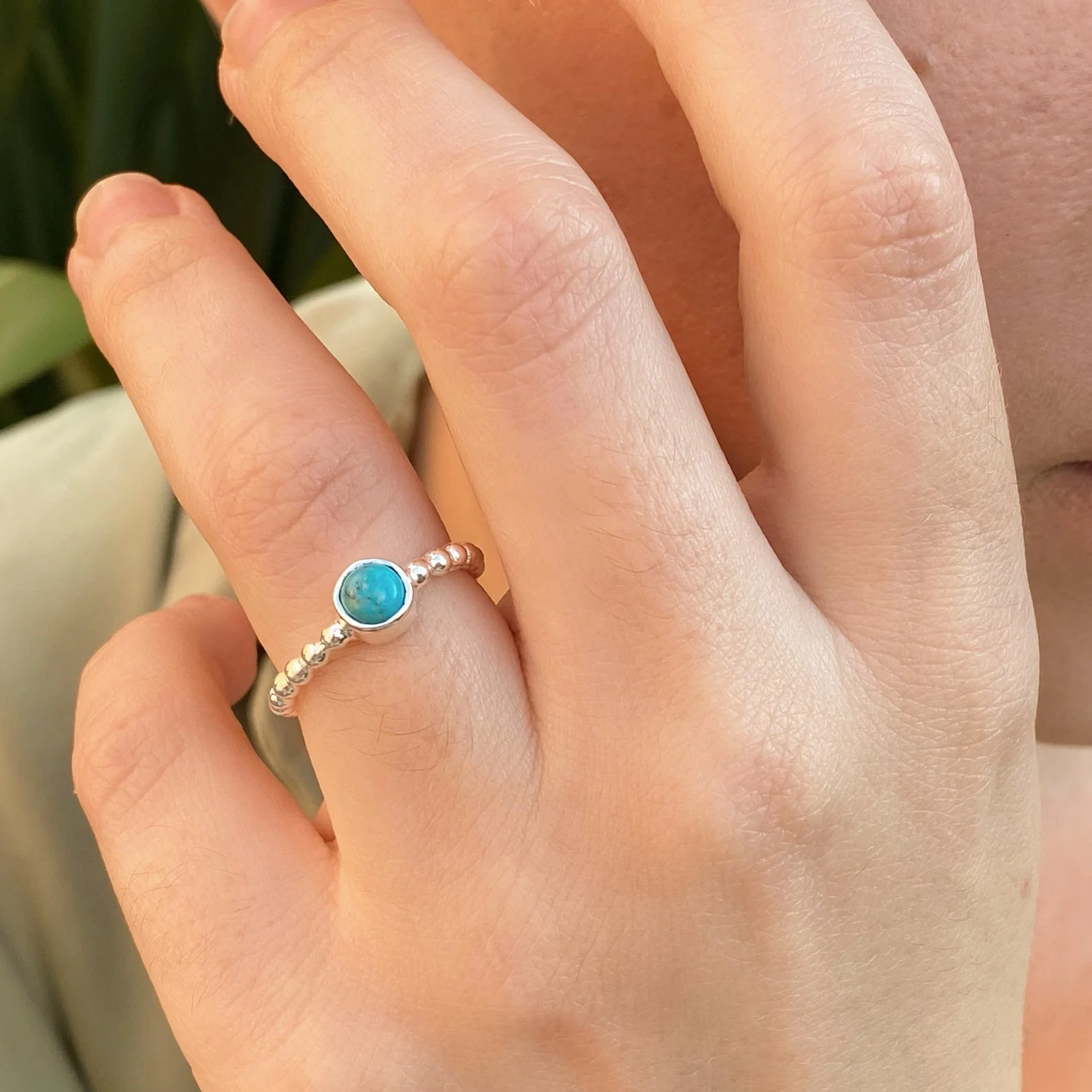 Maya -Turquoise Beaded Stackable Silver Ring - Image 4