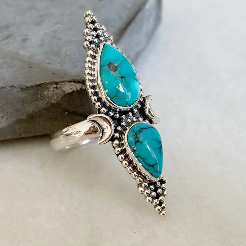 NEW MOON - Silver Doublet Natural Turquoise Ring - Image 3
