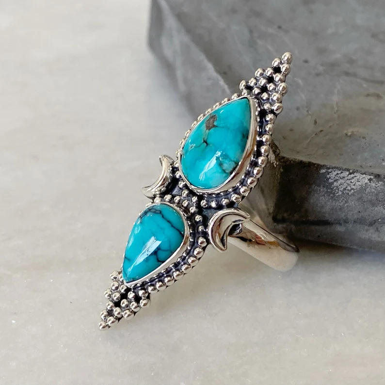 NEW MOON - Silver Doublet Natural Turquoise Ring - Image 4