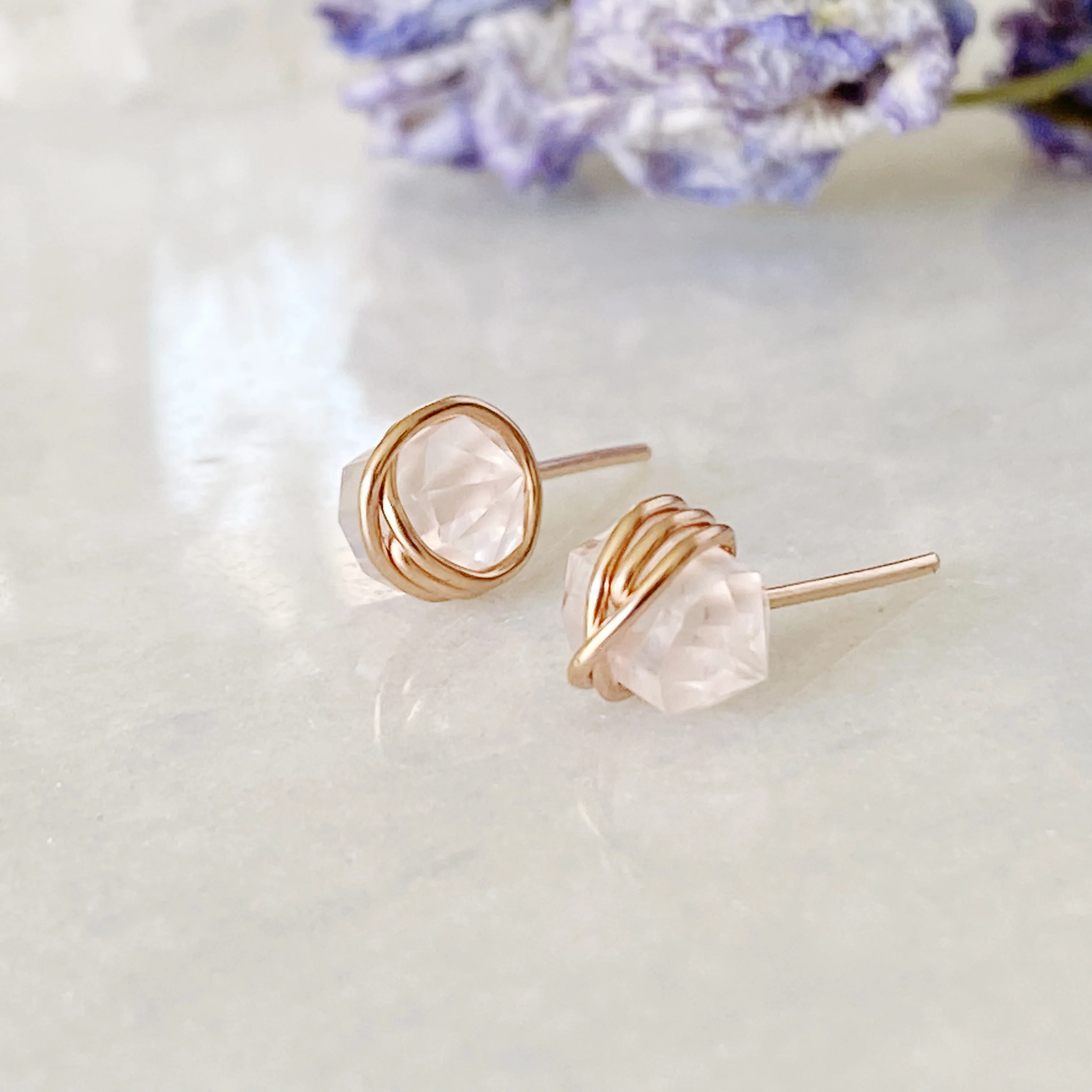 Yellow Gold Rose Quartz Pike Studs - Image 4