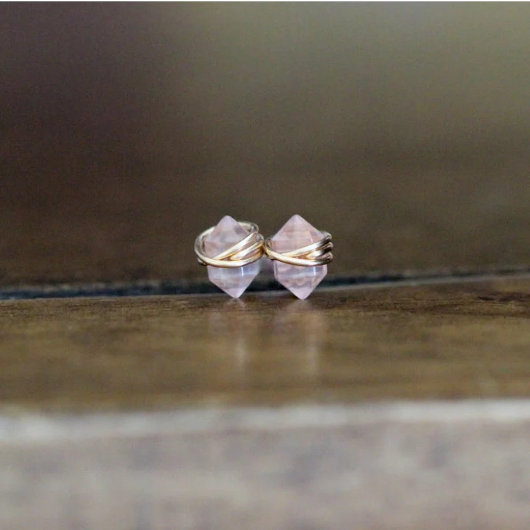 Yellow Gold Rose Quartz Pike Studs - Image 6